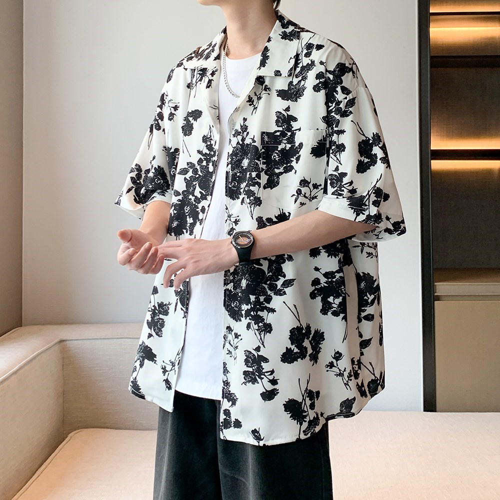 酒店内景2025夏款短袖衬衫青年男宽松休闲碎花衬衣6617P40控58,男装衬衫,电商A034