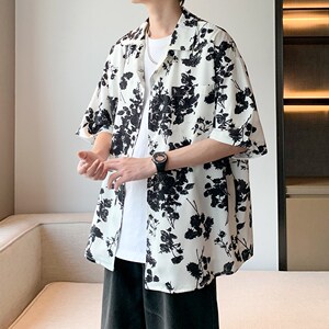 酒店内景 2025夏款短袖衬衫青年男宽松休闲碎花衬衣 6617 P40控58图片