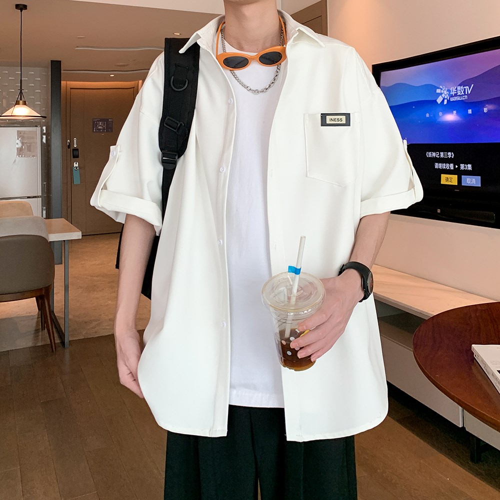 内景夏新款短袖衬衫港风男纯色百搭衬衣可二开6612P45控58，商品下架区商品下架区，电商A034