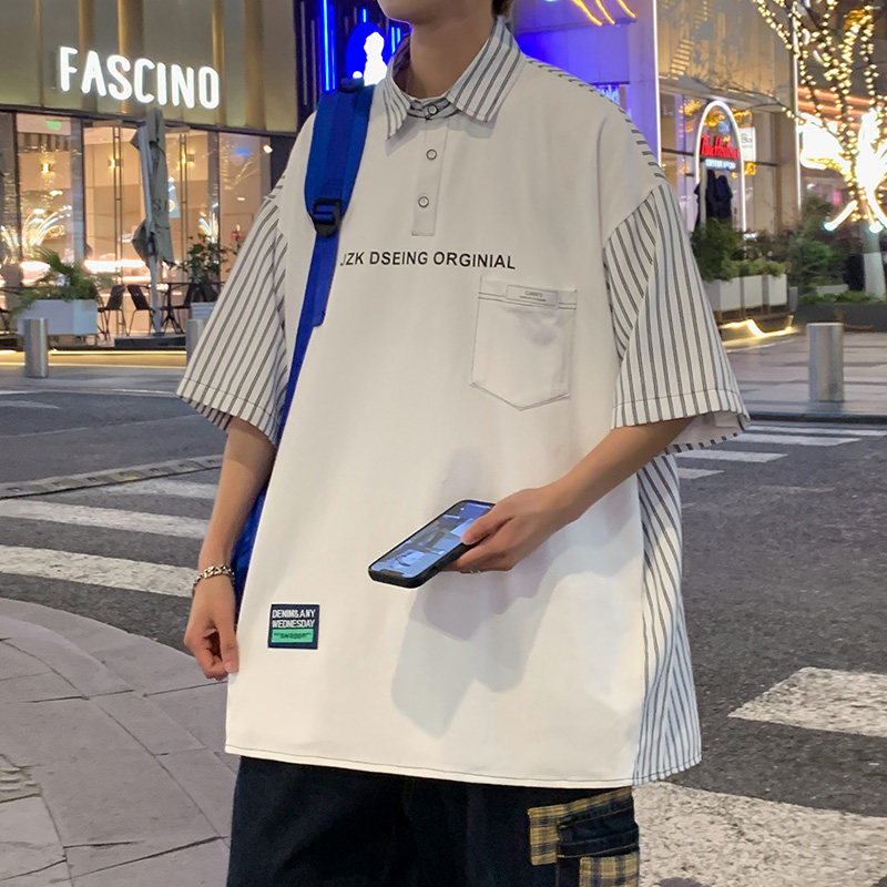 港风日系男短袖T恤休闲POLO衫体恤条纹拼接翻领上衣2820p45控58,男装T恤,电商A034
