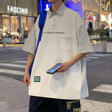港风日系男短袖T恤休闲POLO衫体恤条纹拼接翻领上衣2820p45控58，男装T恤，电商A034
