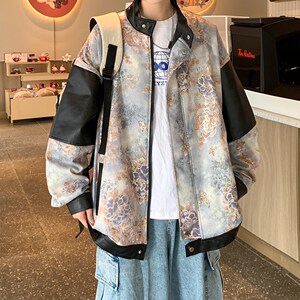 片2025秋款皮衣外套潮男日系宽松时尚花夹克 6656 P88控128图片