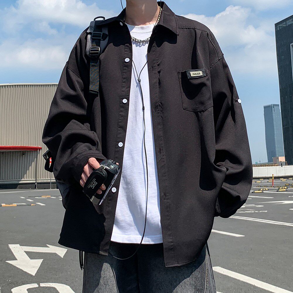 2026宽松长袖衬衫港风秋季男纯色搭袢衬衣666P48控68,男装衬衫,电商A034
