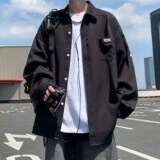 2025宽松长袖衬衫港风秋季男纯色搭袢衬衣666P48控68，男装衬衫，电商A034