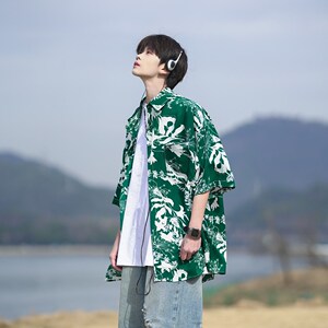 新款相机片外景夏短袖衬衫 大码男冰丝花衬衣二开 6616 P40控58图片