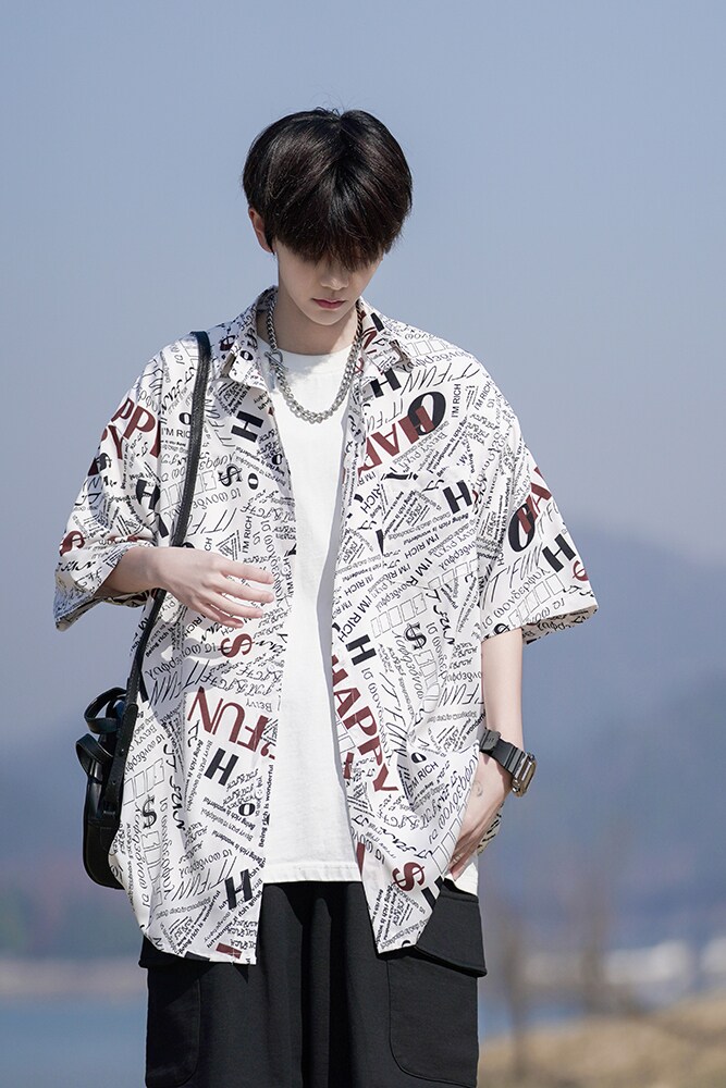 清新港风夏休闲短袖衬衫男字母碎花衬衣相机片外景6623P40控58,男装衬衫,电商A034