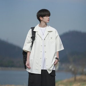 胖胖哥日系短袖衬衫男夏季设计感宽松大码衬衣潮牌少年感男生外套图片