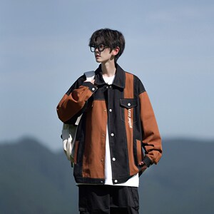 相机秋日系港风潮牌大码撞色夹克学院风男宽松外套 2873 P75控98图片