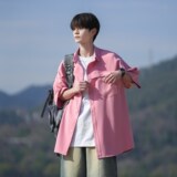 白色工装短袖衬衫男款cleanfit日系大码衬衣夏季宽松休闲百搭外套，男装衬衫，电商A034