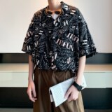 港风酒店内景日系休闲夏短袖衬衫男小清新碎花衬衣6623P40控58，男装衬衫，电商A034