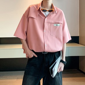 粉色冰丝短袖衬衫男款夏季高级感休闲衬衣大码宽松百搭七分袖外套图片