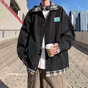 外景2025秋款格子拼接大码外套 青年潮男百搭夹克 6652 P85控128图片