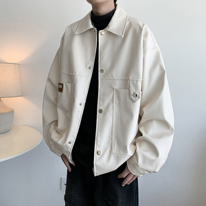 新款潮牌大码日系皮衣外套纯色男休闲机车服夹克 2861 P78控118图片