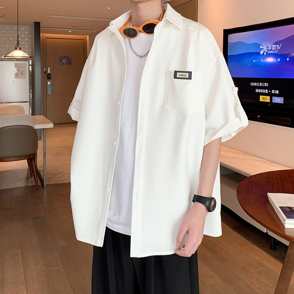 wassuphappy黑色短袖衬衫男夏季2025新款潮牌宽松青少年休闲外套,男装衬衫,电商A034