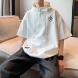 港风内景休闲短袖衬衫青年男装连帽宽松套头衬衣6608P48控68，男装衬衫，电商A034