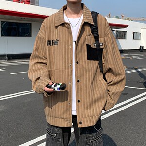 港风条纹宽松休闲夹克 日系大码印花外套潮男外景 6639 P78控118图片