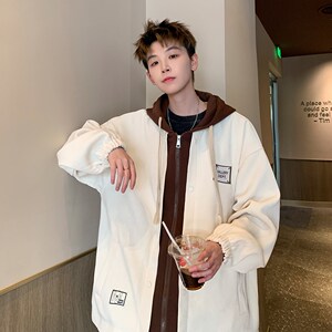 大码撞色连帽外套假两件青年男休闲夹克 港风外景 6635 P98控138图片