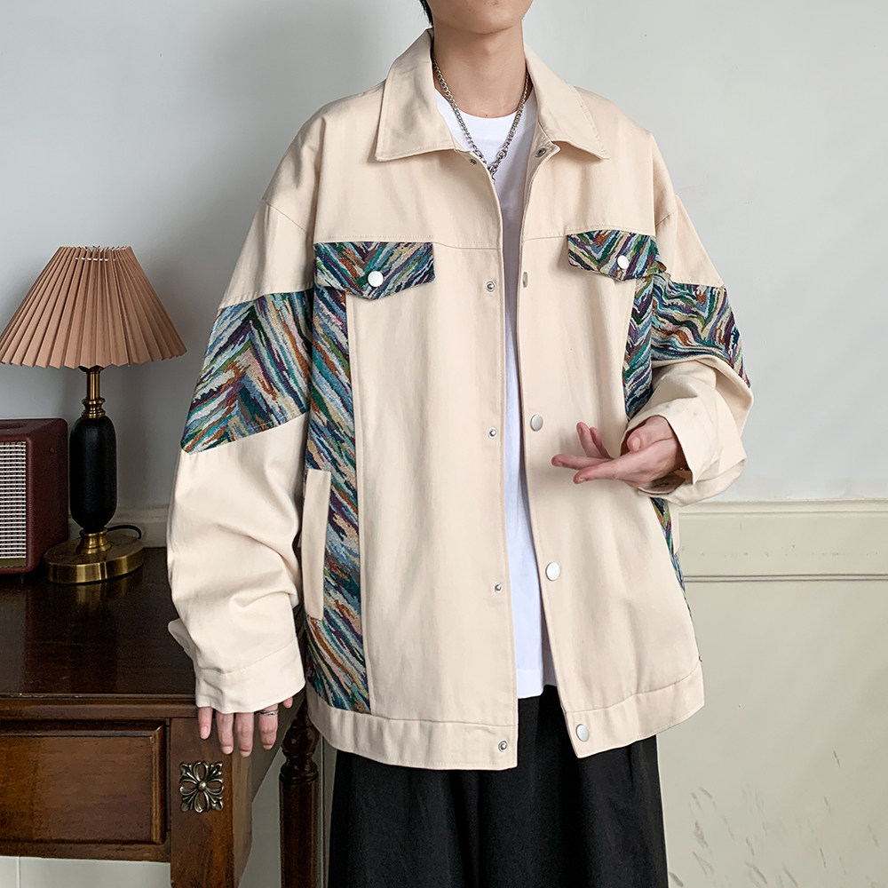 春装大码潮牌男外套个性图案拼接花纹夹克日系港风2879P75控98,男装夹克,电商A034