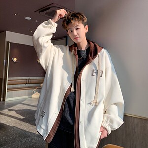 2025大码撞色连帽外套印花青年男宽松休闲夹克港风 6635 P98控138图片