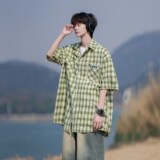 相机片夏新款港风大码衬衫短袖千鸟格子衬衣男6609P45控58，男装衬衫，电商A034