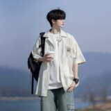 港风大码夏季新款男士短袖衬衫薄款条纹衬衫相机片6611P48控68，男装衬衫，电商A034