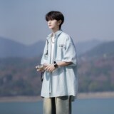 wassuphappy黑色短袖衬衫男夏季薄款冰丝透气上衣服痞帅休闲外套，男装衬衫，电商A034