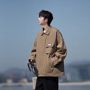 相机大码纯色翻领青年夹克港风休闲外套男款棒球服 2895 P65控98图片