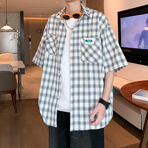 内景2025夏新款二开大码宽松格子衬衫短袖衬衣6609P45控58
