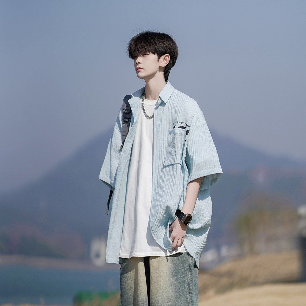 wassuphappy黑色短袖衬衫男夏季薄款冰丝透气上衣服痞帅休闲外套,男装衬衫,电商A034
