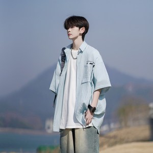 wassuphappy黑色短袖衬衫男夏季薄款冰丝透气上衣服痞帅休闲外套,红翼衬衫搭配图片