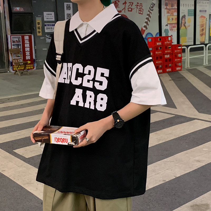 撞色潮短袖polo衫 宽松休闲上衣  青年印花男装T恤 A034 2291 P45图片