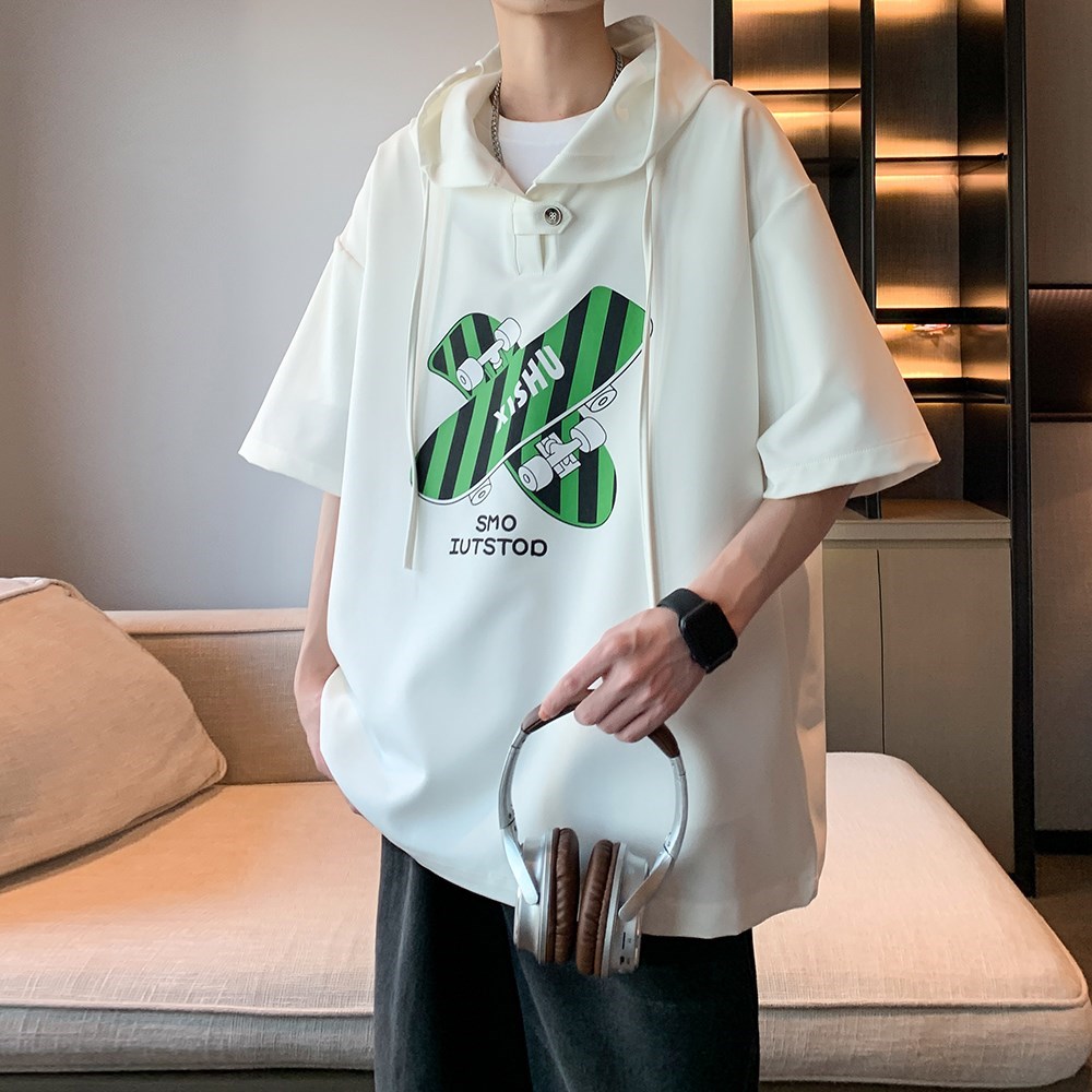 小清新港风休闲衬衫大码连帽短袖衬衣男港风内景6613P48控68,男装衬衫,电商A034