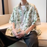 港风内景夏日新款短袖衬衫男装宽松花衬衣二开6621P40控58，男装衬衫，电商A034