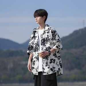 港风夏款夏短袖衬衫男宽松个性冰丝碎花衬衣6617P40控58