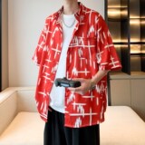 酒店内景宽松港风宽松短袖衬衫男装碎花衬衣6625P40控58，男装衬衫，电商A034