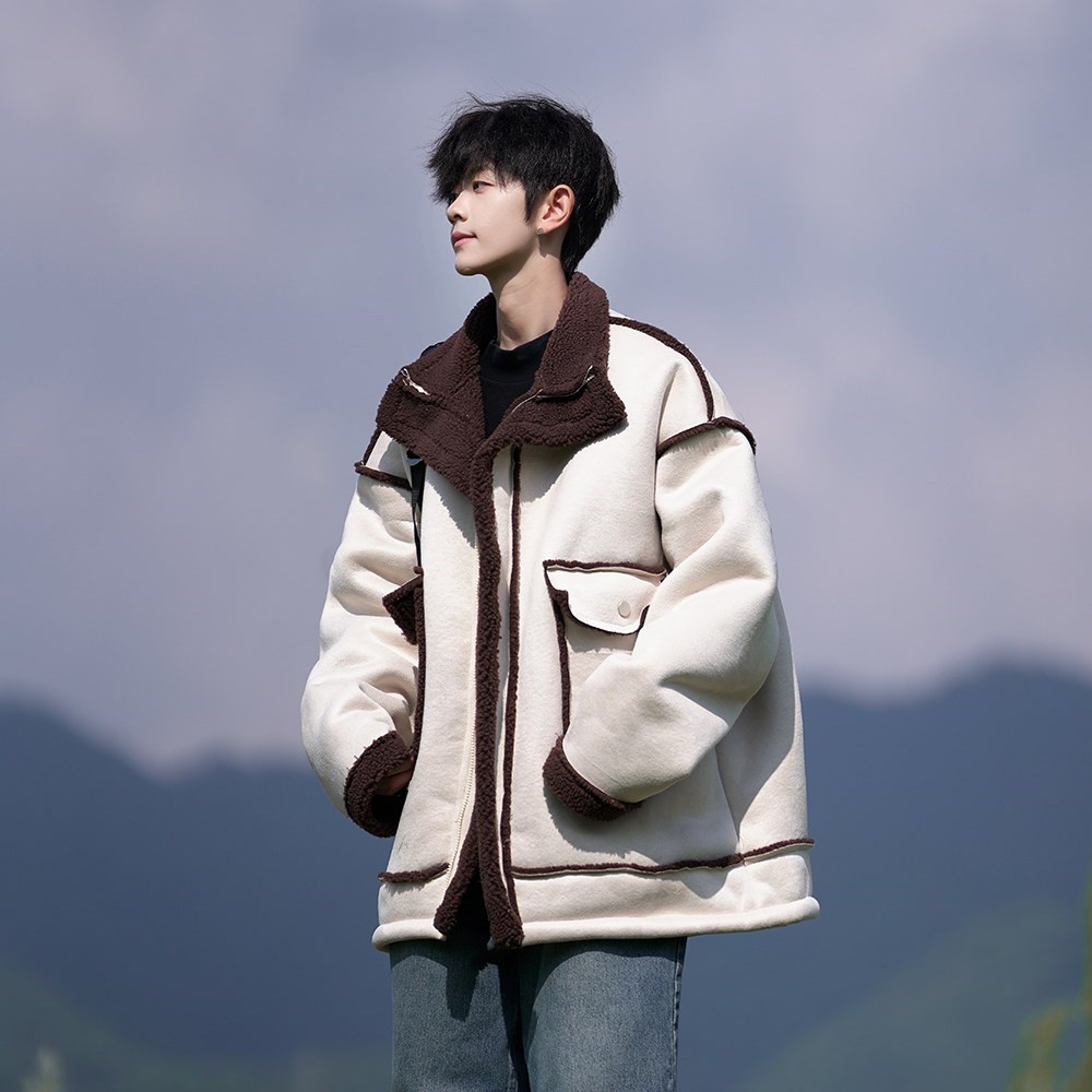 相机外景韩版羊羔绒外套大码棉服男皮毛一体棉衣2901P118控168,男装棉衣,电商A034
