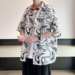 夏新款大码短袖衬衫男清凉宽松图案衬衣酒店内景6620P40控58