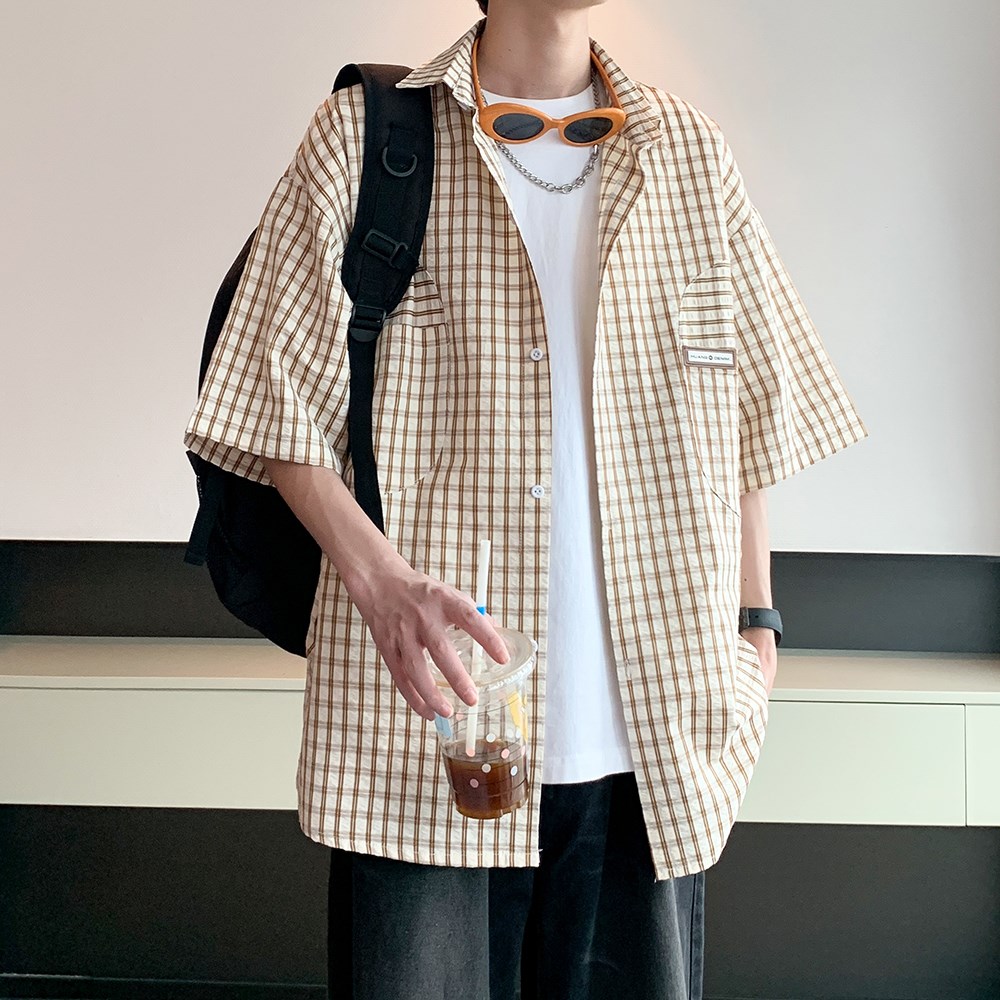 夏款港风男士衬衣流行格子宽松短袖衬衫酒店内景6610P45控58,男装衬衫,电商A034