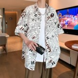 港风内景夏季宽松清凉短袖衬衫男冰丝花衬衣二开6623P40控58，男装衬衫，电商A034