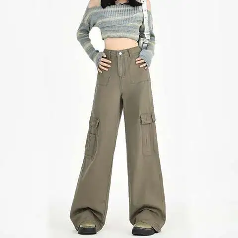 春女显瘦休闲阔腿包邮牛仔裤宽松美式设计感工装多口袋
