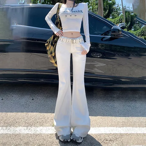 女辣妹贴腿白色喇叭不美式牛仔裤拖地裤阔腿秋季百搭低腰新款微喇
