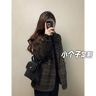 150小矮个子小香风复古格纹毛呢外套女秋法式高级感西装呢子大衣