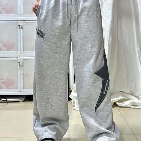 灰色运动裤休闲裤男女贴布绣卫裤垂感夏阔腿星星美式街头宽松直筒