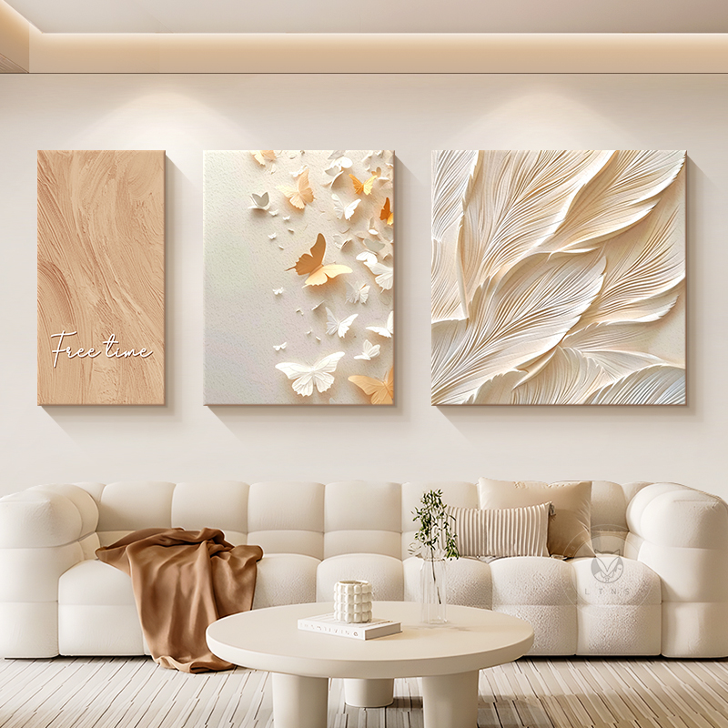 奶油风客厅装饰画新花卉高级感沙发背景墙挂画肌理感砂岩三联壁画图片
