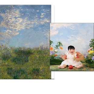 童话森林女宝宝莫奈油画春天春季照相馆影楼婚纱摄影拍照背景布春