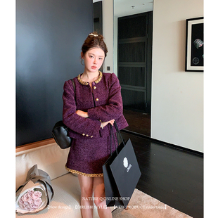杨小卷 富家千金紫色小香风套装裙女高级感短外套两件套/羽绒内胆