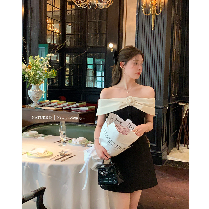 杨小卷法式千金小香风一字肩连衣裙女赫本风黑色小礼裙生日礼服裙图片