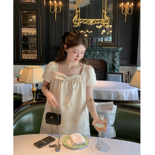 杨小卷 MIU系千金 法式蝴蝶结方领连衣裙女宽松公主裙短款娃娃裙