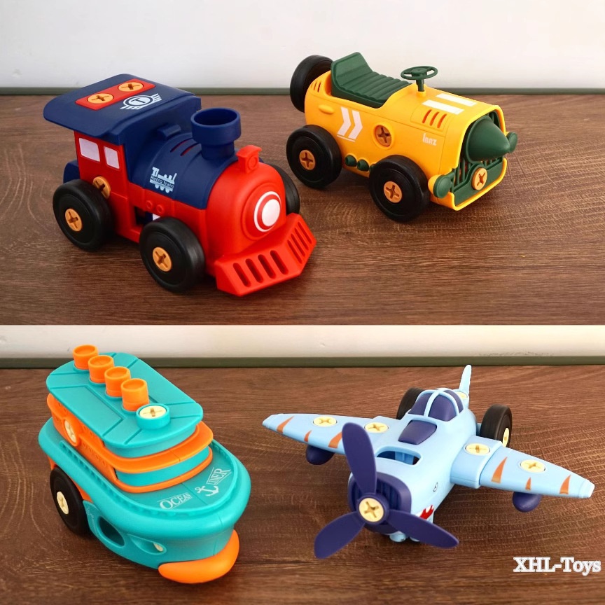 跨境儿童复古电动拼装交通工具飞机汽车火车轮船早教创意螺丝拆装