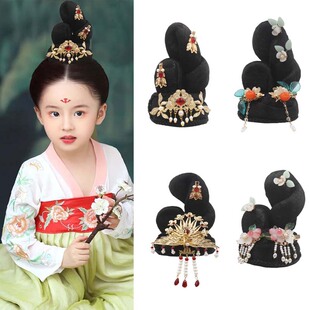 儿童汉服假发女童发髻蝴蝶结发包古风古典舞古装头饰唐风表演拍照